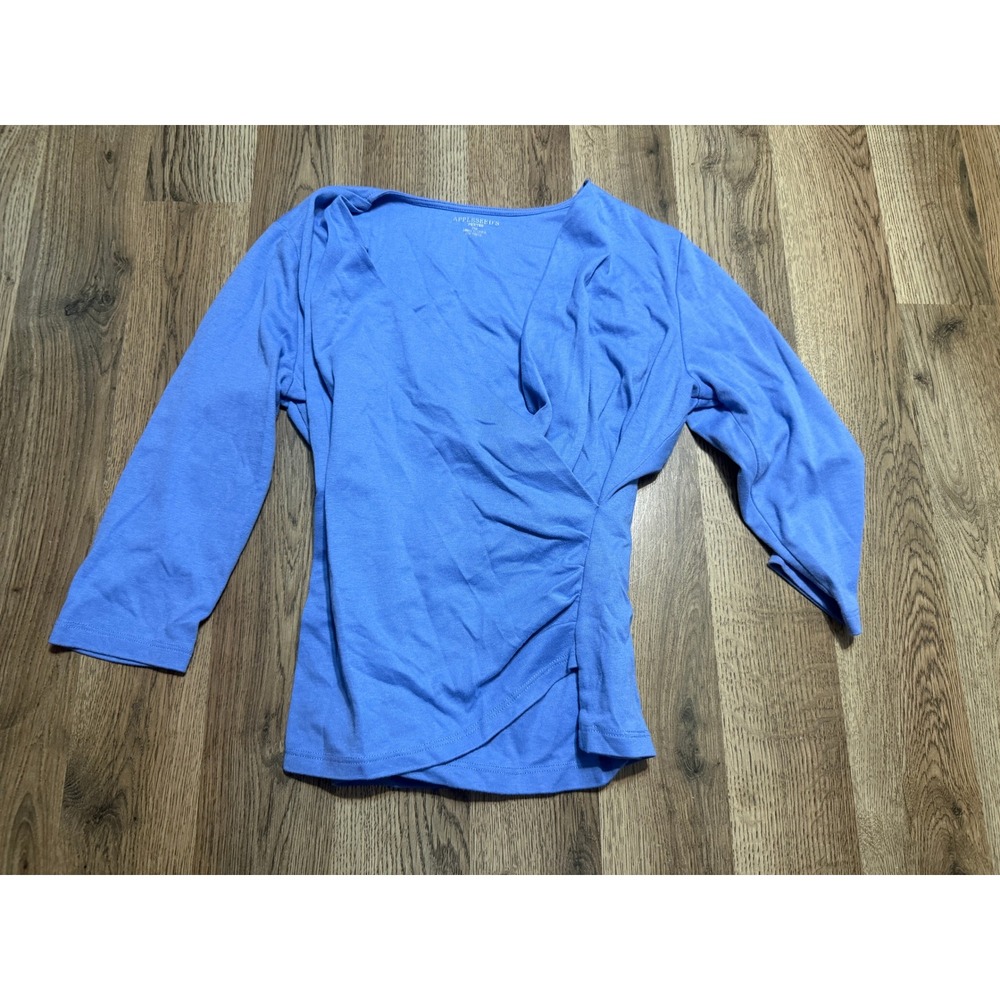 Appleseed's Blouse Women Size PM Blue 3/4 Sleeve Ruched Surplice Faux Wrap